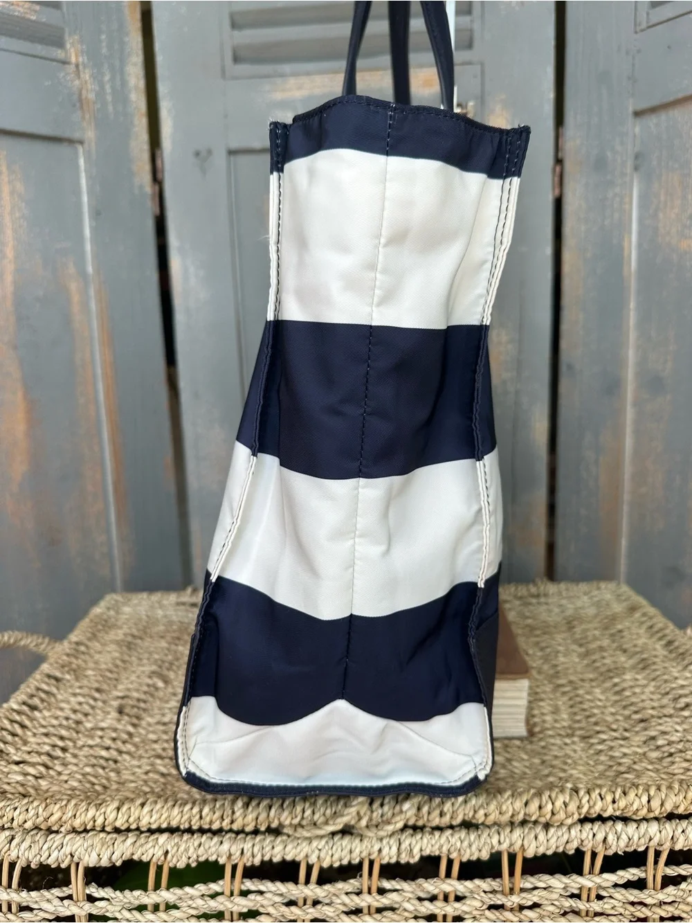 Tory Burch Ella Packable Nylon Tote Navy Bar Stripe
